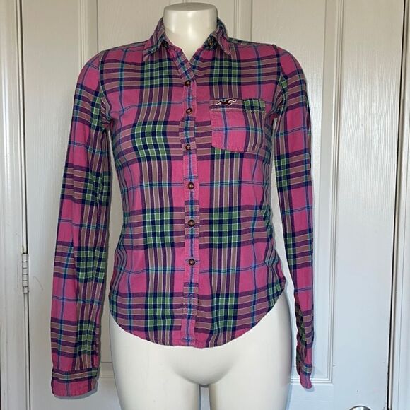 HOLLISTER pink and plaid and green button down shirt size xs - Picture 1 of 6